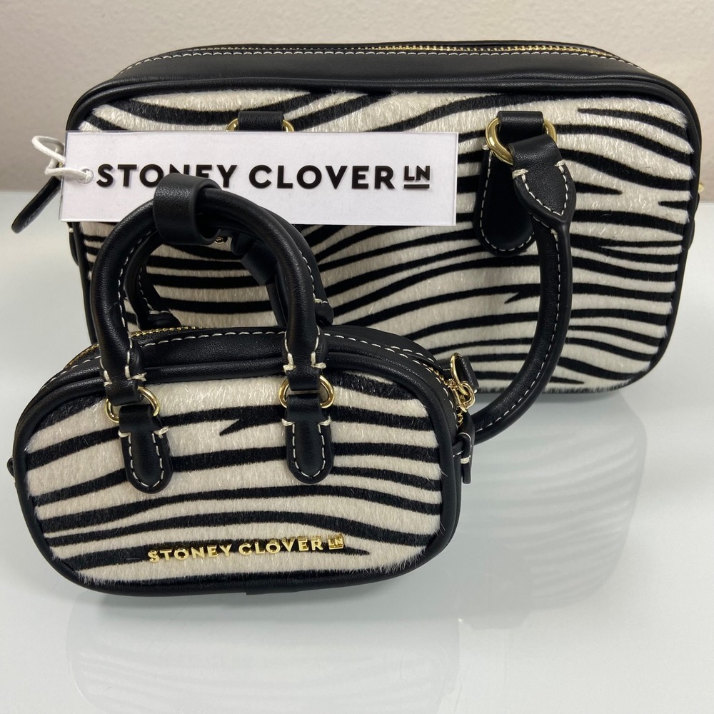 Stoney Clover Lane Womens Pouchette Black Zebra Print Safari Handbag‎ Set New1